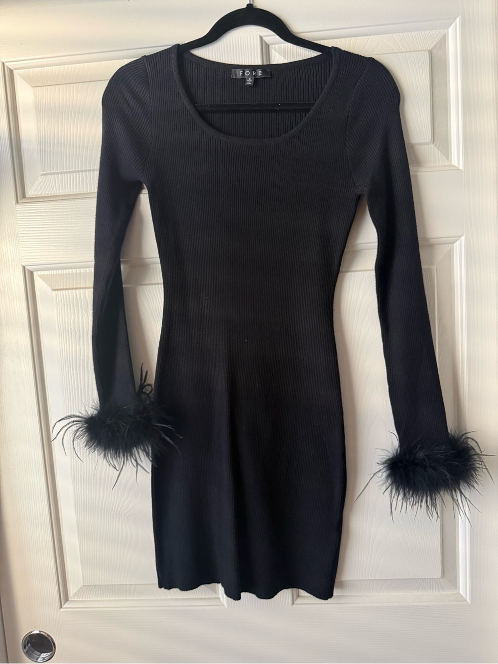 Black Ribbed Long-Sleeve Dress with Feather Cuffs